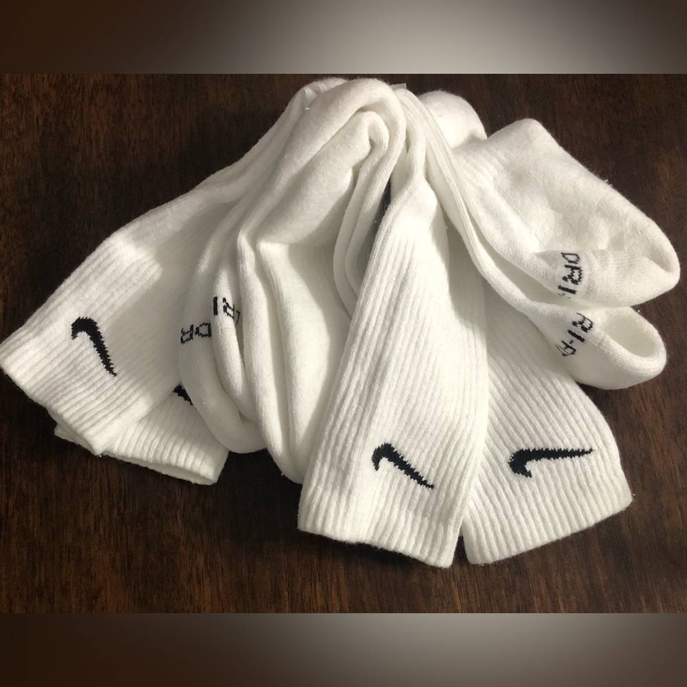 Nike White Crew Athletic Socks with Black Swoosh. One size